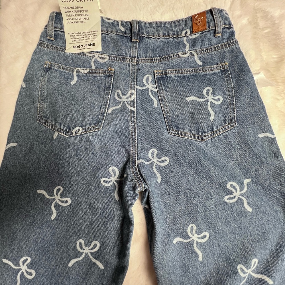 GOGO Blue Straight Leg Pants with White Bow Print - Picture 6 of 10